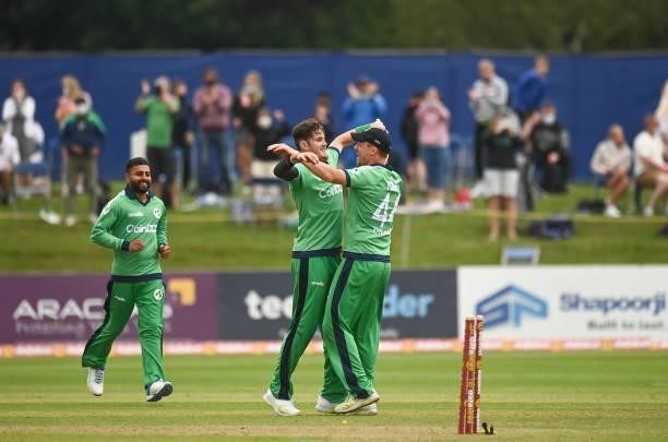Dublin , Ireland - 13 July 2021; Ireland players Mark Adair, left, and Craig Young celebrate after the 2nd Dafanews Cup Series One Day International...