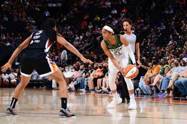 Jordin Canada of the Seattle Storm handles the ball during the game against the Phoenix Mercury on July 9, 2021 at Phoenix Suns Arena in Phoenix,...