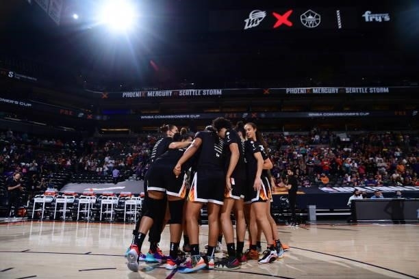 The Phoenix Mercury huddle before the game against the Seattle Storm on July 9, 2021 at Phoenix Suns Arena in Phoenix, Arizona. NOTE TO USER: User...