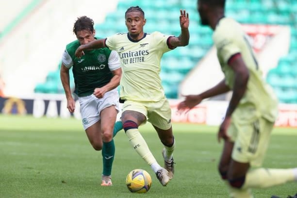 Reiss Nelson of Arsenal in action during the pre season friendly between Hibernian and Arsenal at Easter Road on July 13, 2021 in Edinburgh, Scotland.