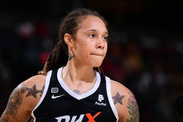 Brittney Griner of the Phoenix Mercury looks on during the game against the Seattle Storm on July 9, 2021 at Phoenix Suns Arena in Phoenix, Arizona....
