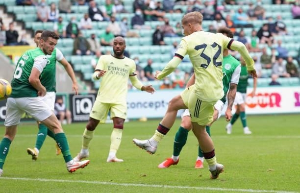 Emile Smith Rowe of Arsenal scores his goal during the pre season friendly between Hibernian and Arsenal at Easter Road on July 13, 2021 in...