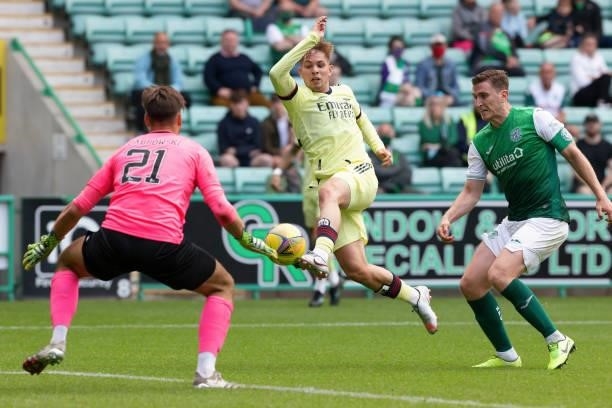 Emile Smith Rowe of Arsenal goes close but saved well by Kevin Dabrowski of Hibernian during the pre season friendly between Hibernian and Arsenal at...