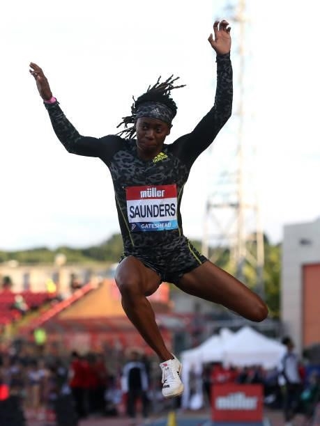 Sha'keela Saunders of The USA in action during the final of the women's long jump during the Muller British Grand Prix, part of the Wanda Diamond...