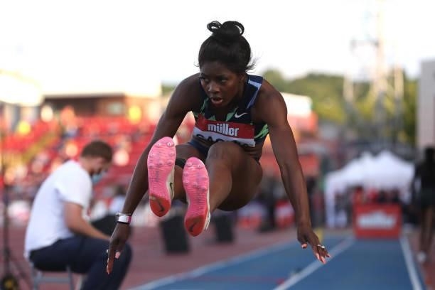Khaddi Sagnia of Sweden in action during the final of the women's long jump during the Muller British Grand Prix, part of the Wanda Diamond League at...
