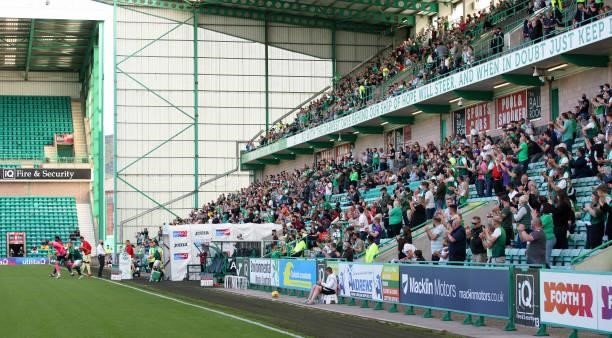 Hibernian Fans delighted to be back at Easter Road during the pre season friendly between Hibernian and Arsenal at Easter Road on July 13, 2021 in...