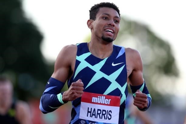 Isaiah Harris of The USA looks on after winning the final of the men's 800m during the Muller British Grand Prix, part of the Wanda Diamond League at...