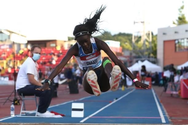Fatima Diame of Spain in action during the final of the women's long jump during the Muller British Grand Prix, part of the Wanda Diamond League at...