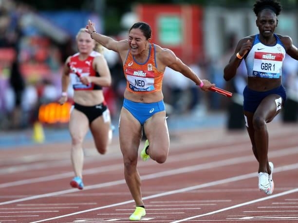 Naomi Sedney of The Netherlands crosses the finishline to win the final of the women's 4x100m relay during the Muller British Grand Prix, part of the...