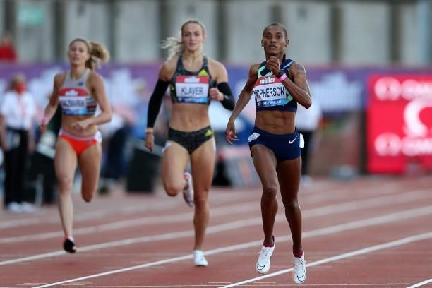 Stephanie Ann McPherson of Jamaica in action during the final of the women's 400m at the Muller British Grand Prix, part of the Wanda Diamond League...