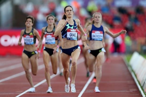 Kate Grace of The USA on her way to winning the final of the women's Millicent Fawcett Mile during the Muller British Grand Prix, part of the Wanda...