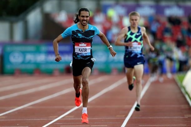 Mohamed Katir of Spain celebrates winning the final of the men's 3000m during the Muller British Grand Prix, part of the Wanda Diamond League at...