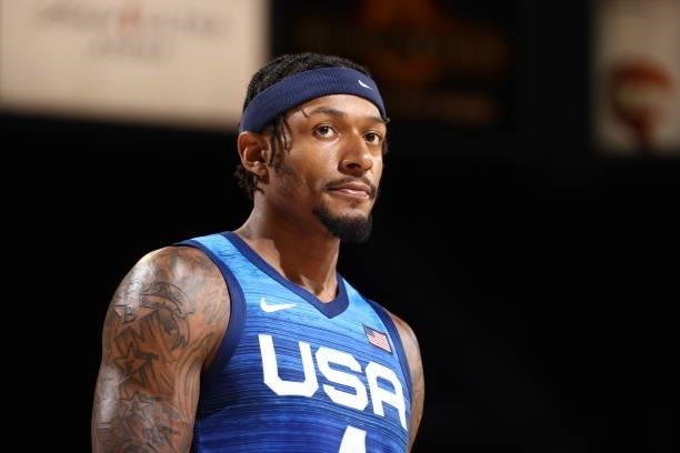 Bradley Beal of the USA Men's National Team looks on during the game against the Argentina Men's National Team on July 13, 2021 at Michelob ULTRA...