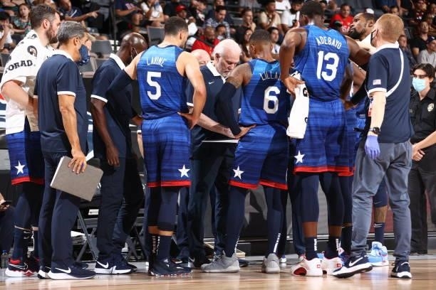 Men's National Team huddles up during the game against the Argentina Men's National Team on July 13, 2021 at Michelob ULTRA Arena in Las Vegas,...