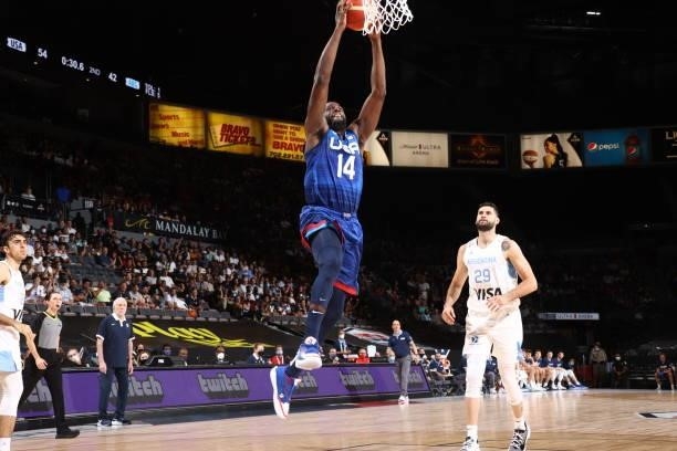 Draymond Green of the USA Men's National Team drives to the basket during the game against the Argentina Men's National Team on July 13, 2021 at...