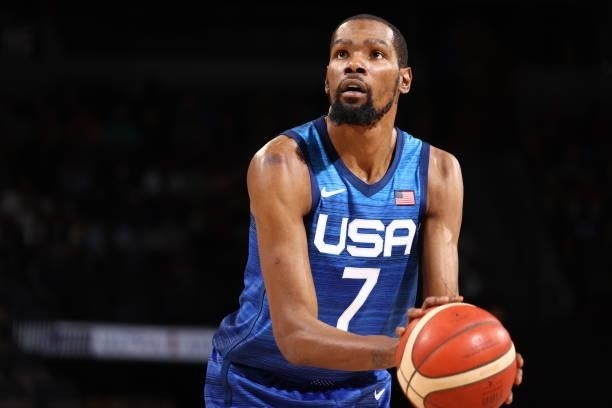 Kevin Durant of the USA Men's National Team shoots a free throw during the game against the Argentina Men's National Team on July 13, 2021 at...