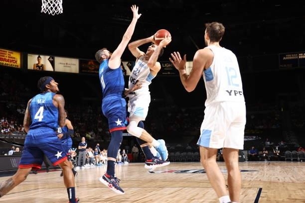 Juan Pablo Vaulet of the Argentina Men's National Team drives to the basket during the game against the USA Men's National Team on July 13, 2021 at...