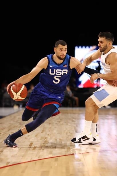 Zach LaVine of the USA Men's National Team dribbles the ball during the game against the Argentina Men's National Team on July 13, 2021 at Michelob...