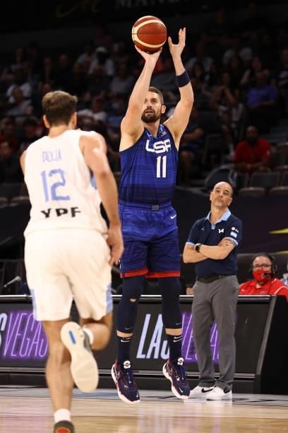 Kevin Love of the USA Men's National Team shoots a three point basket during the game against the Argentina Men's National Team on July 13, 2021 at...