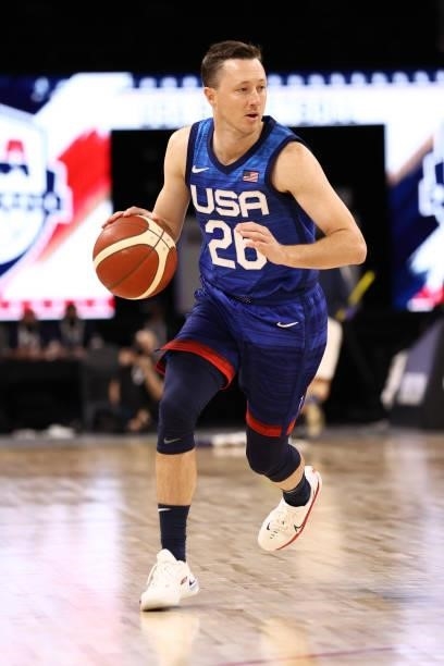 Josh Magette of USA Men's National Team dribbles the ball during the game against the Argentina Men's National Team on July 13, 2021 at Michelob...
