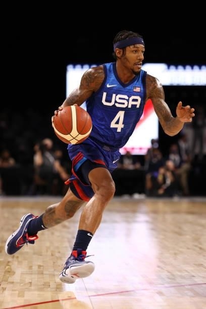 Bradley Beal of the USA Men's National Team dribbles the ball during the game against the Argentina Men's National Team on July 13, 2021 at Michelob...