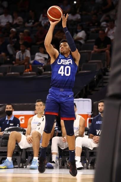 Keldon Johnson of the USA Men's National Team shoots a three point basket during the game against the Argentina Men's National Team on July 13, 2021...