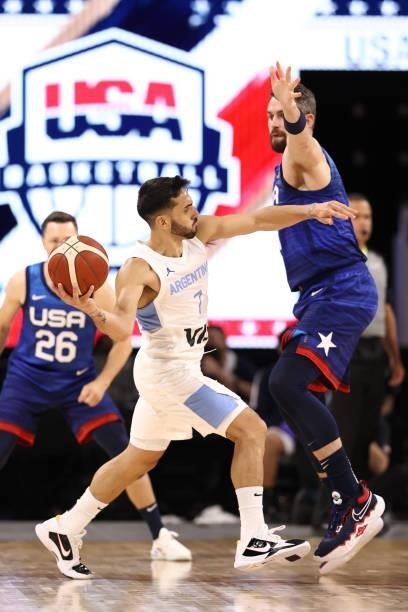 Facundo Campazzo of the Argentina Men's National Team handles the ball during the game against the USA Men's National Team on July 13, 2021 at...