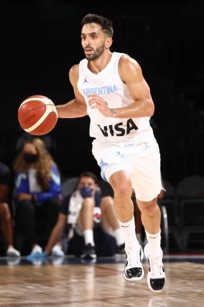 Facundo Campazzo of the Argentina Men's National Team dribbles the ball during the game against the USA Men's National Team on July 13, 2021 at...