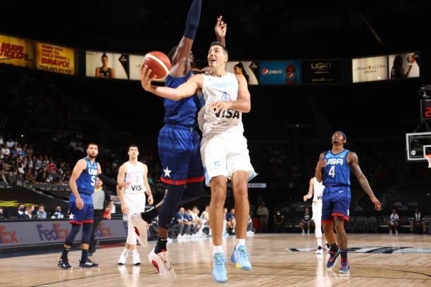Luis Scola of the Argentina Men's National Team drives to the basket during the game against the USA Men's National Team on July 13, 2021 at Michelob...