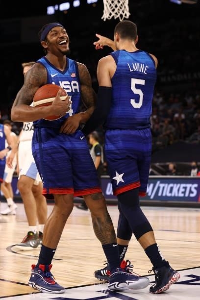 Bradley Beal celebrates with Zach LaVine of the USA Men's National Team during the game against the Argentina Men's National Team on July 13, 2021 at...