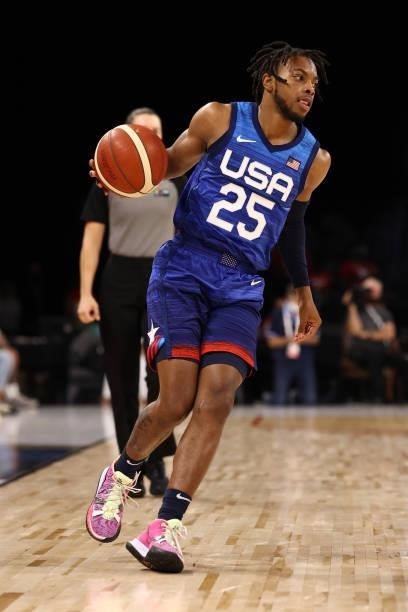 Darius Garland of the USA Men's National Team dribbles the ball during the game against the Argentina Men's National Team on July 13, 2021 at...