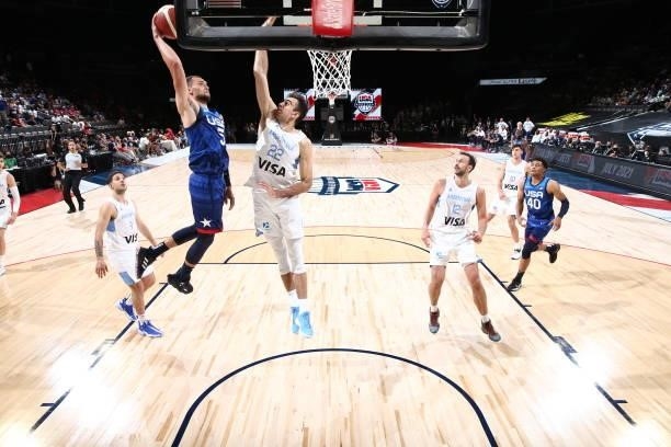 Zach LaVine of the USA Men's National Team dunks the ball during the game against the Argentina Men's National Team on July 13, 2021 at Michelob...