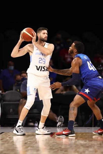 Saddiq Bey of USA Men's National Team plays defense on Patricio Garino of the Argentina Men's National Team during the game on July 13, 2021 at...