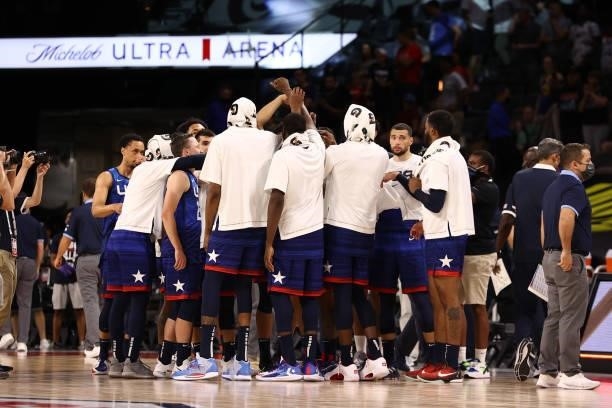 Men's National Team huddle after the game against the Argentina Men's National Team on July 13, 2021 at Michelob ULTRA Arena in Las Vegas, Nevada....