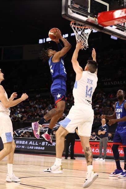 Darius Garland of the USA Men's National Team shoots the ball during the game against the Argentina Men's National Team on July 13, 2021 at Michelob...