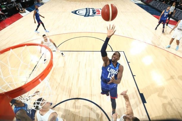 Bam Adebayo of the USA Men's National Team shoots the ball during the game against the Argentina Men's National Team on July 13, 2021 at Michelob...