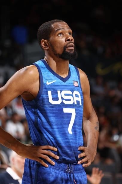 Kevin Durant of the USA Men's National Team looks on during the game against the Argentina Men's National Team on July 13, 2021 at Michelob ULTRA...