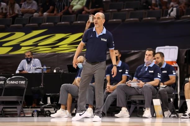 Head Coach Sergio Hernandez of the Argentina Men's National Team looks on during the game against the USA Men's National Team on July 13, 2021 at...