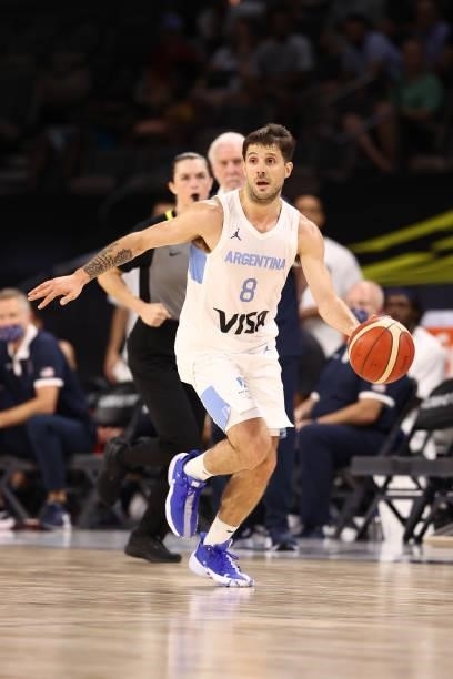Nicolas Laprovittola of the Argentina Men's National Team dribbles the ball during the game against the USA Men's National Team on July 13, 2021 at...