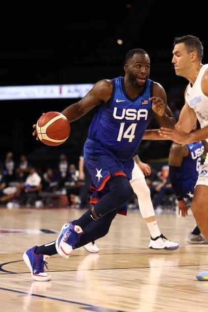 Draymond Green of the USA Men's National Team dribbles the ball during the game against the Argentina Men's National Team on July 13, 2021 at...