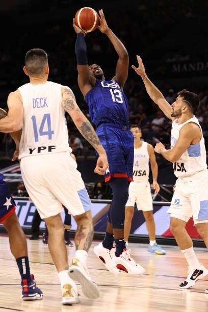 Bam Adebayo of the USA Men's National Team drives to the basket during the game against the Argentina Men's National Team on July 13, 2021 at...