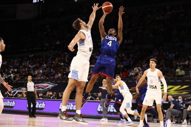 Bradley Beal of the USA Men's National Team shoots the ball during the game against the Argentina Men's National Team on July 13, 2021 at Michelob...
