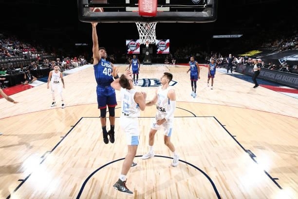Keldon Johnson of the USA Men's National Team shoots the ball during the game against the Argentina Men's National Team on July 13, 2021 at Michelob...