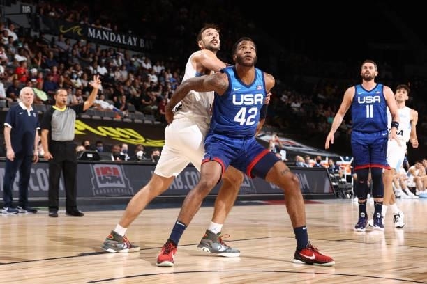 Saddiq Bey of the USA Men's National Team plays defense during the game against the Argentina Men's National Team on July 13, 2021 at Michelob ULTRA...