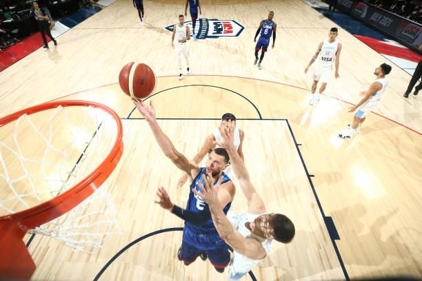 Zach LaVine of the USA Men's National Team shoots the ball during the game against the Argentina Men's National Team on July 13, 2021 at Michelob...
