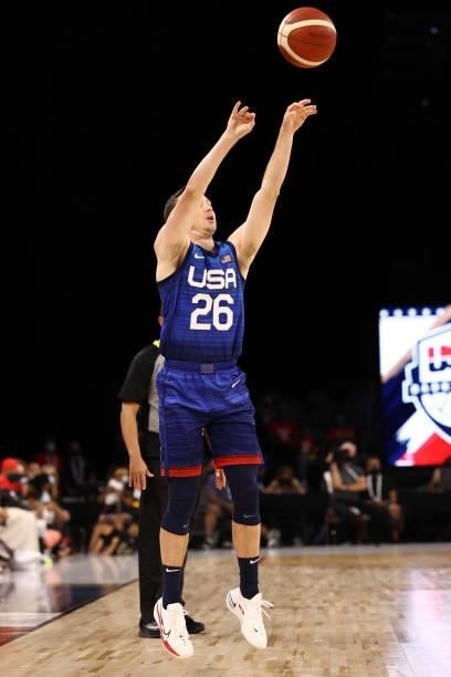 Josh Magette of USA Men's National Team shoots a three point basket during the game against the Argentina Men's National Team on July 13, 2021 at...