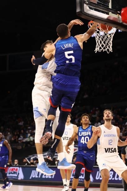 Zach LaVine of the USA Men's National Team dunks the ball during the game against the Argentina Men's National Team on July 13, 2021 at Michelob...