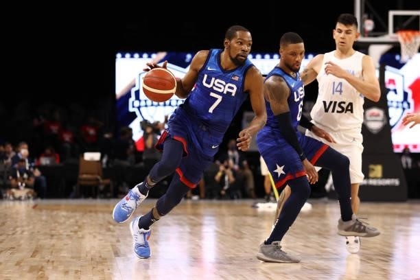 Kevin Durant of the USA Men's National Team dribbles the ball during the game against the Argentina Men's National Team on July 13, 2021 at Michelob...