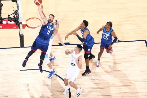 Kevin Love of the USA Men's National Team rebounds the ball during the game against the Argentina Men's National Team on July 13, 2021 at Michelob...