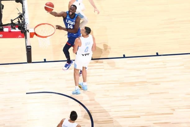 Draymond Green of the USA Men's National Team shoots the ball during the game against the Argentina Men's National Team on July 13, 2021 at Michelob...